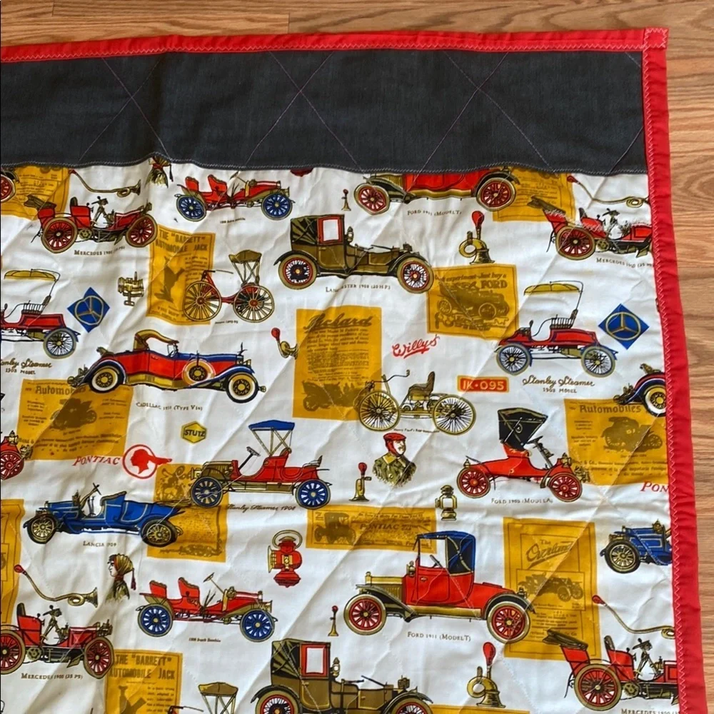 Vintage Car Print Quilt with Red and Black Border Cottagecore Retro Prairie